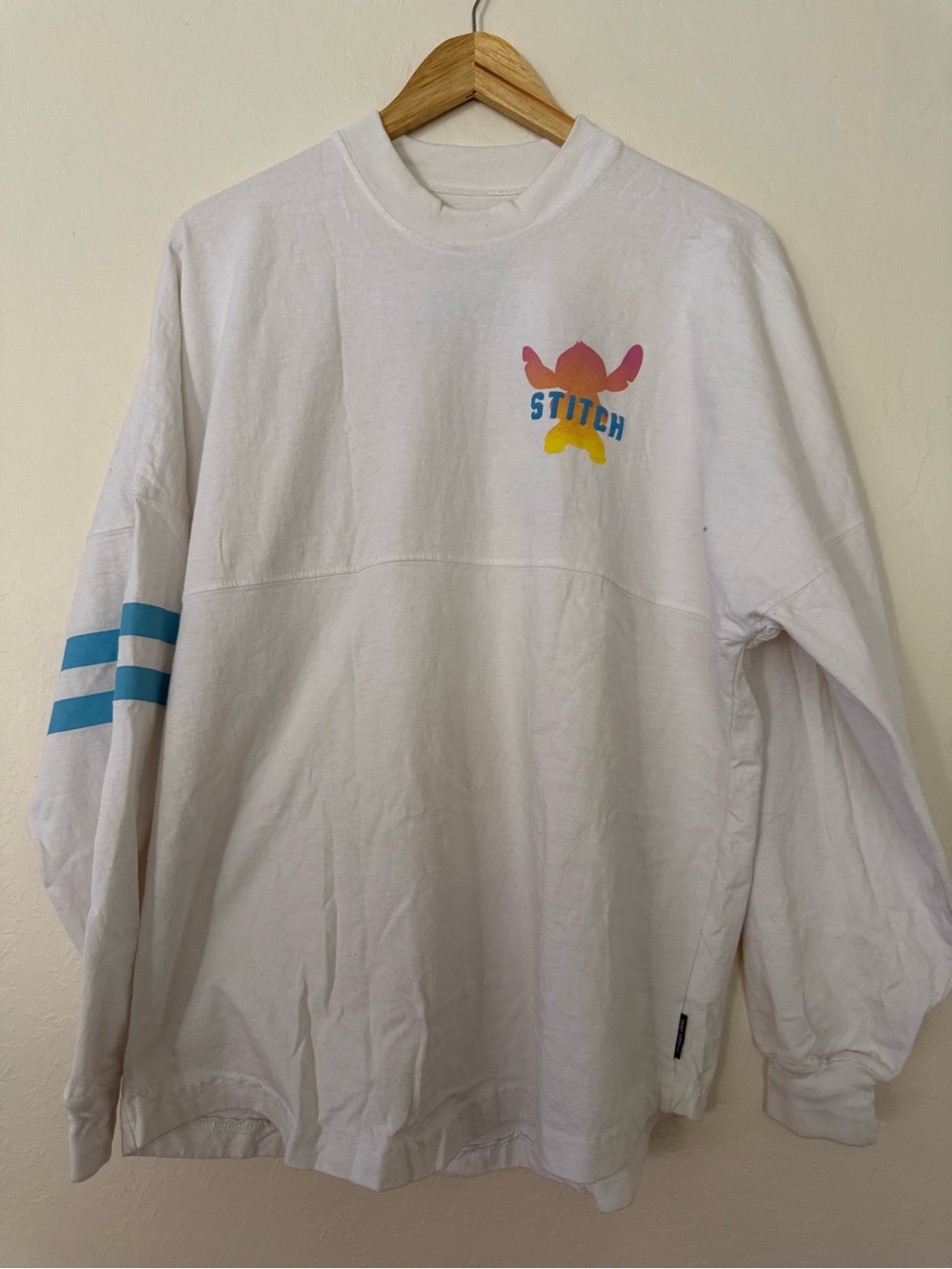Stitch White Womens Long-Sleeve Shirt with Blue Stripe Detail